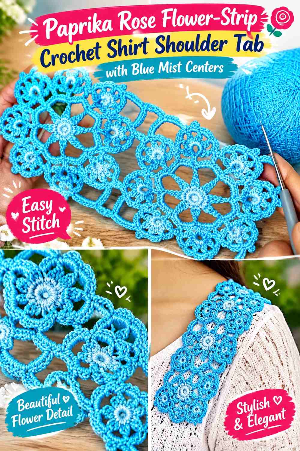 Paprika Rose Flower-Strip Crochet Shirt Shoulder Tab with Blue Mist Centers