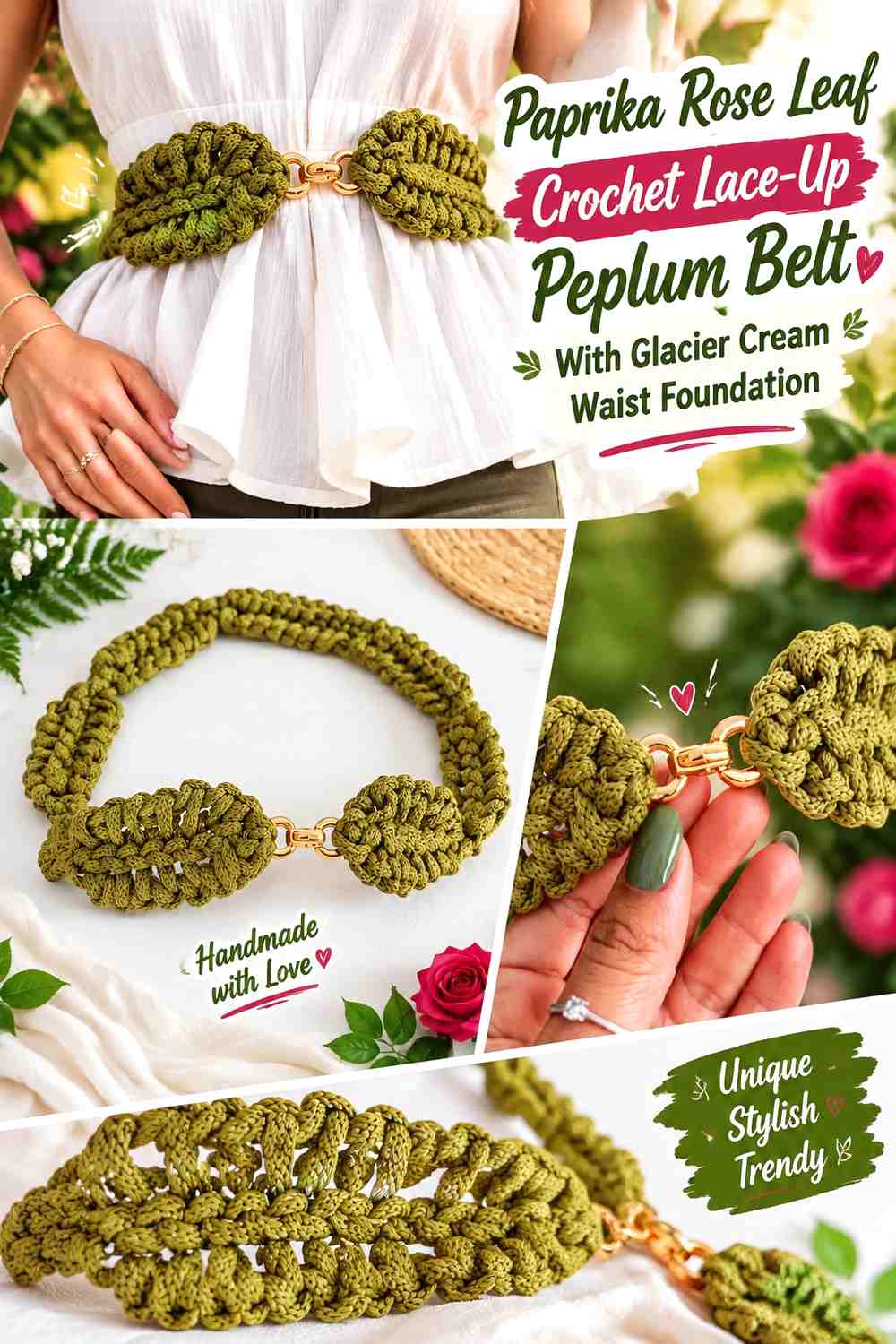 Paprika Rose Leaf Crochet Lace-Up Peplum Belt With Glacier Cream Waist Foundation
