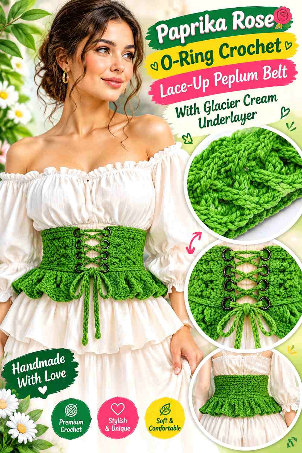 Paprika Rose O-Ring Crochet Lace-Up Peplum Belt With Glacier Cream Underlayer