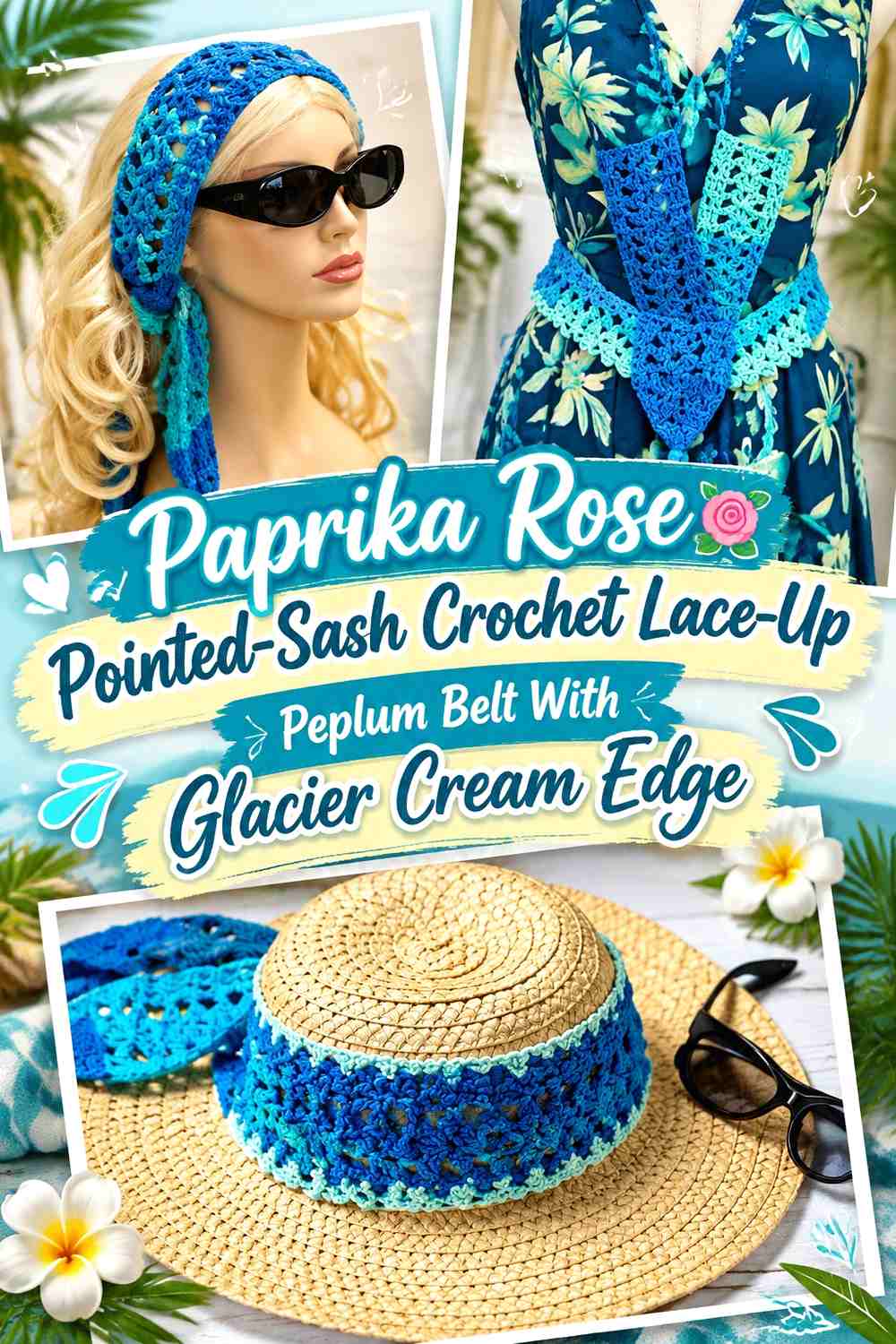 Paprika Rose Pointed-Sash Crochet Lace-Up Peplum Belt With Glacier Cream Edge