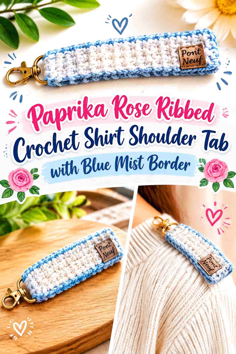 Paprika Rose Ribbed Crochet Shirt Shoulder Tab with Blue Mist Border