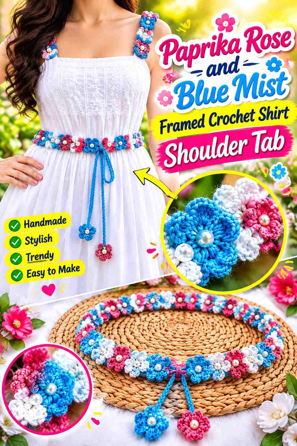 Paprika Rose and Blue Mist Framed Crochet Shirt Shoulder Tab