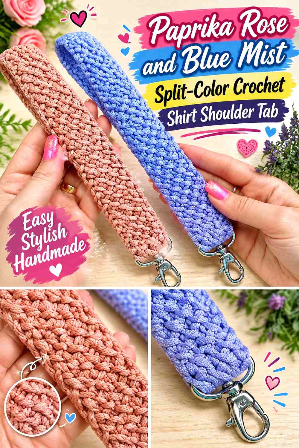 Paprika Rose and Blue Mist Split-Color Crochet Shirt Shoulder Tab