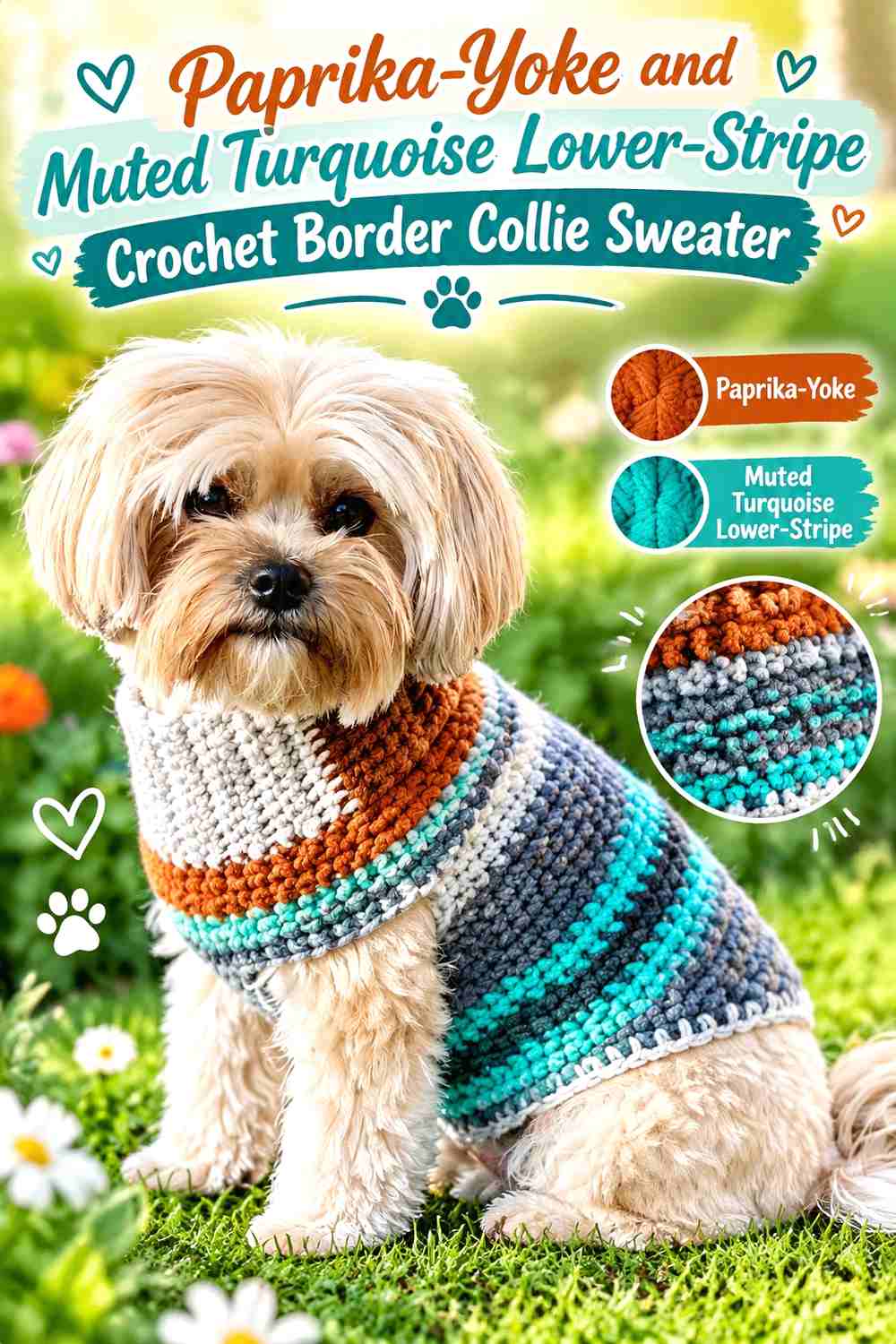 Paprika-Yoke and Muted Turquoise Lower-Stripe Crochet Border Collie Sweater