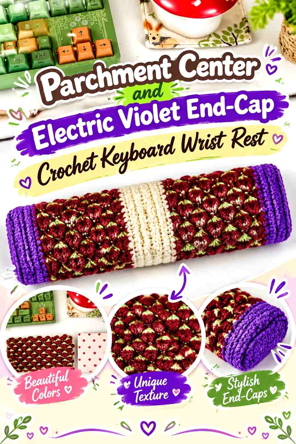 2. Parchment Center And Electric Violet End Cap Crochet Keyboard Wrist Rest