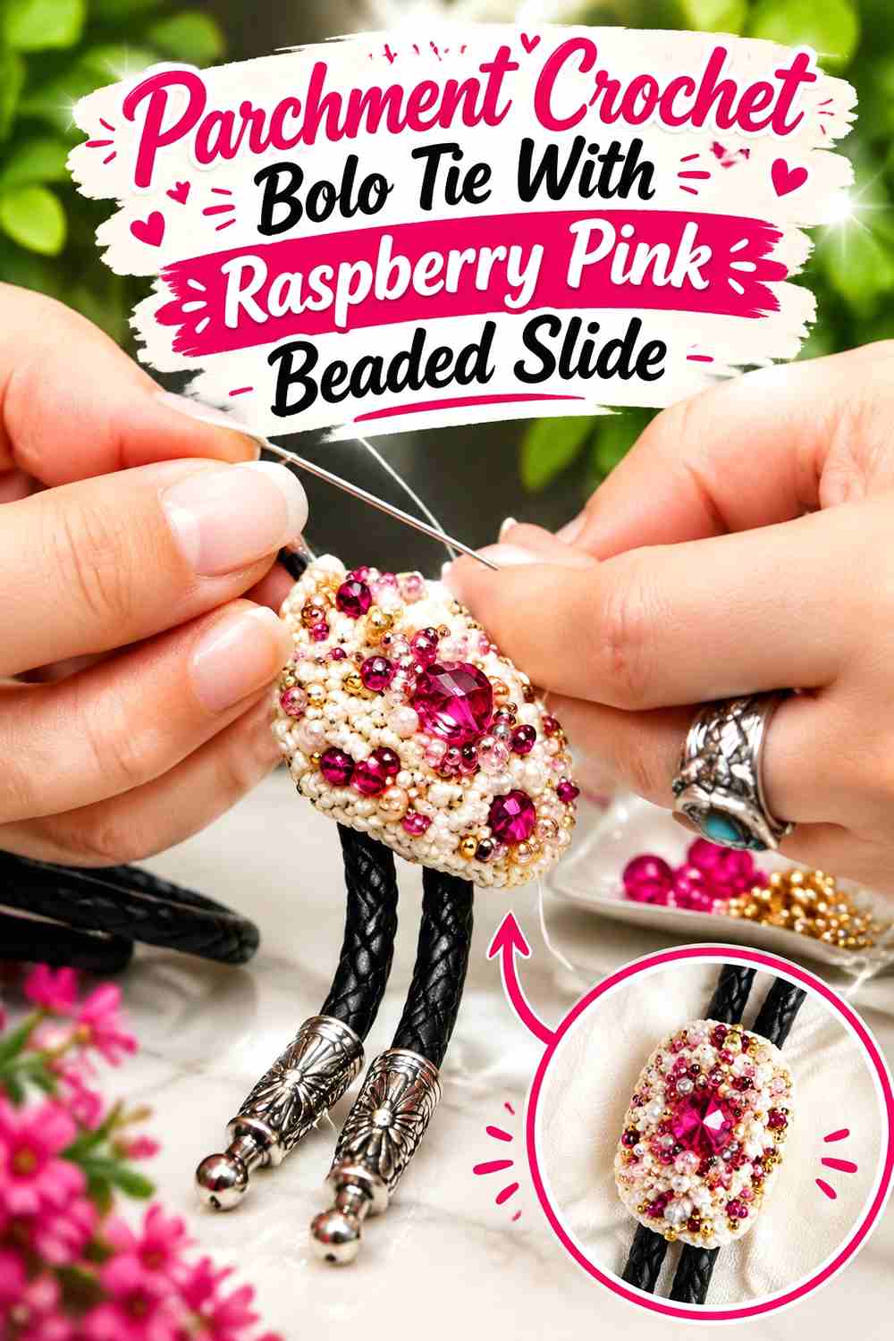 5. Parchment Crochet Bolo Tie With Raspberry Pink Beaded Slide