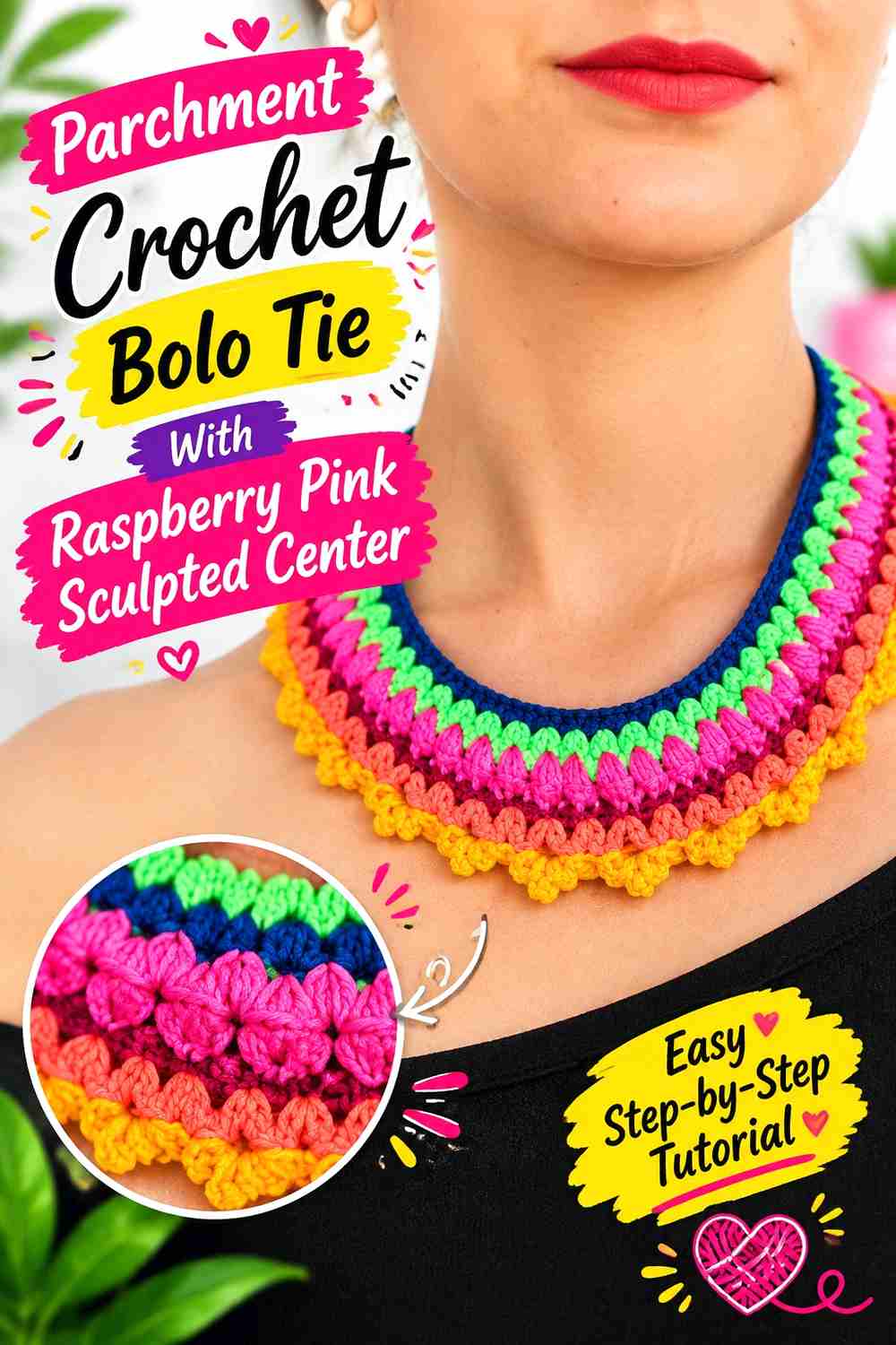 7. Parchment Crochet Bolo Tie With Raspberry Pink Sculpted Center