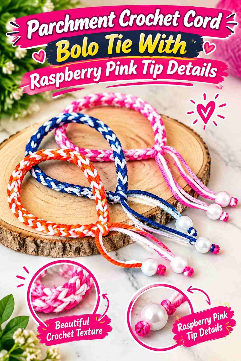 16. Parchment Crochet Cord Bolo Tie With Raspberry Pink Tip Details