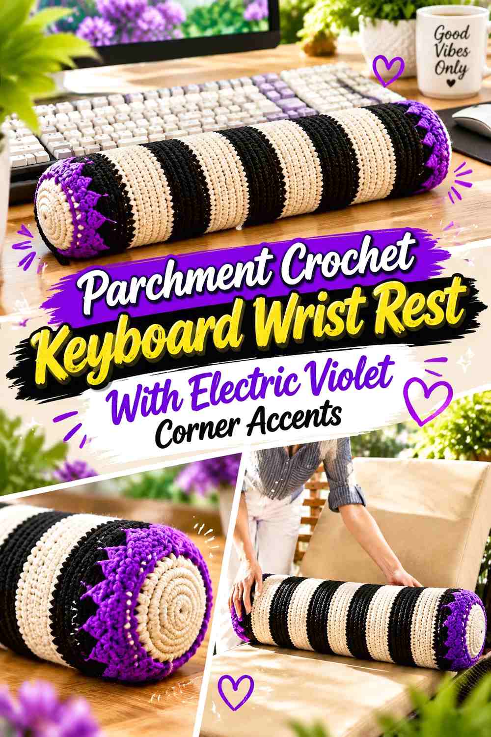11. Parchment Crochet Keyboard Wrist Rest With Electric Violet Corner Accents