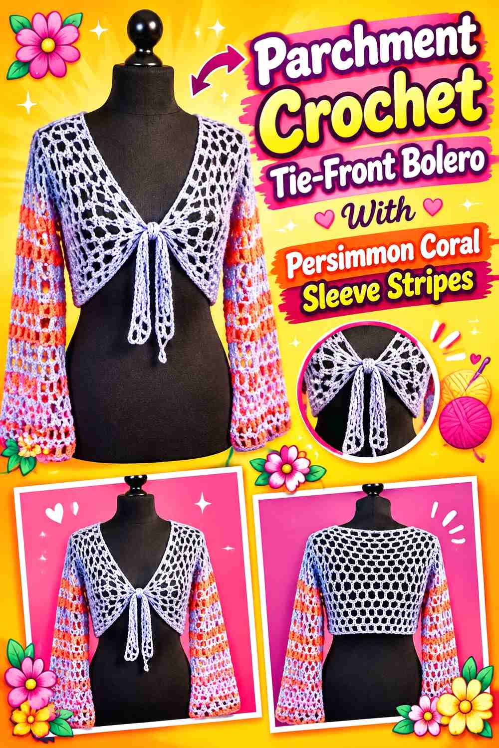 Parchment Crochet Tie-Front Bolero With Persimmon Coral Sleeve Stripes