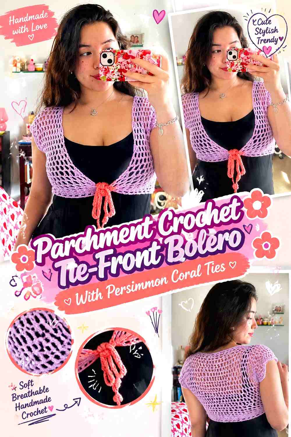 Parchment Crochet Tie-Front Bolero With Persimmon Coral Ties