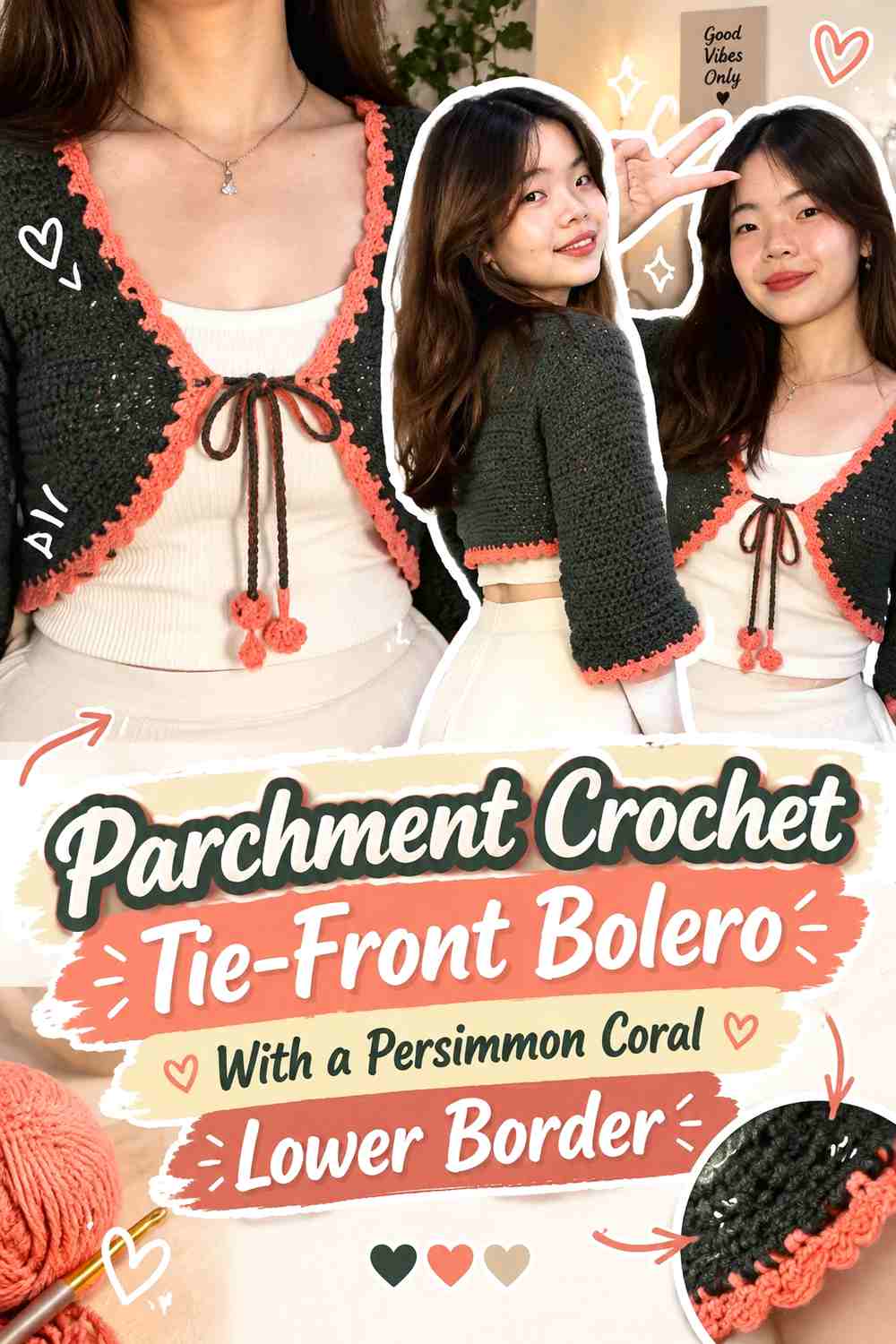 Parchment Crochet Tie-Front Bolero With a Persimmon Coral Lower Border