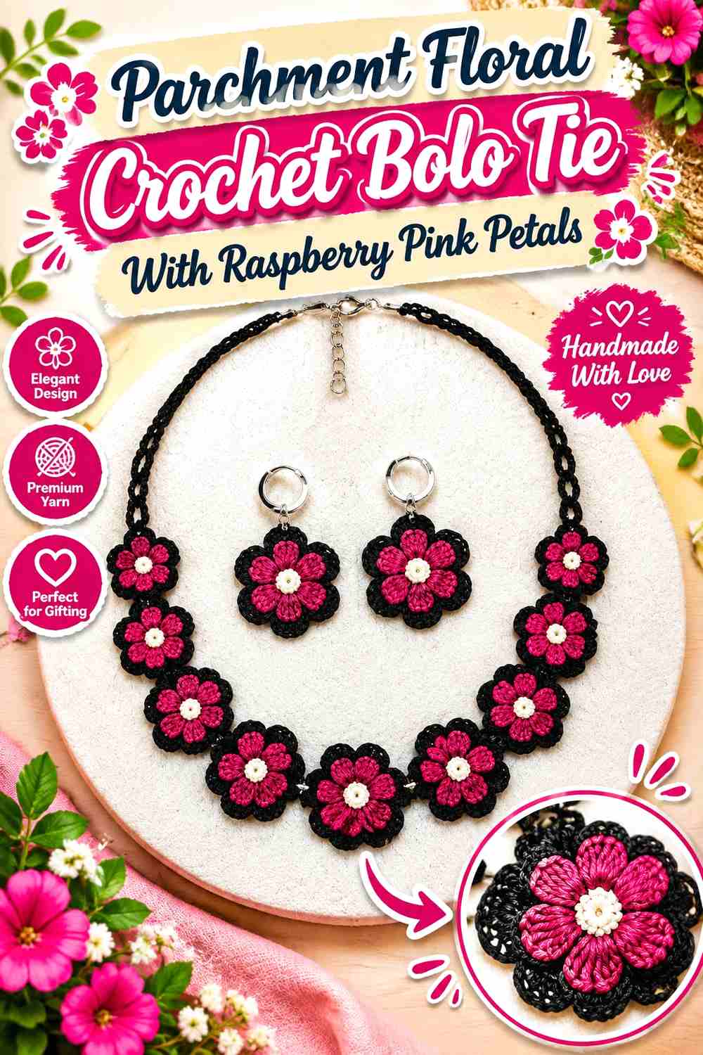 9. Parchment Floral Crochet Bolo Tie With Raspberry Pink Petals