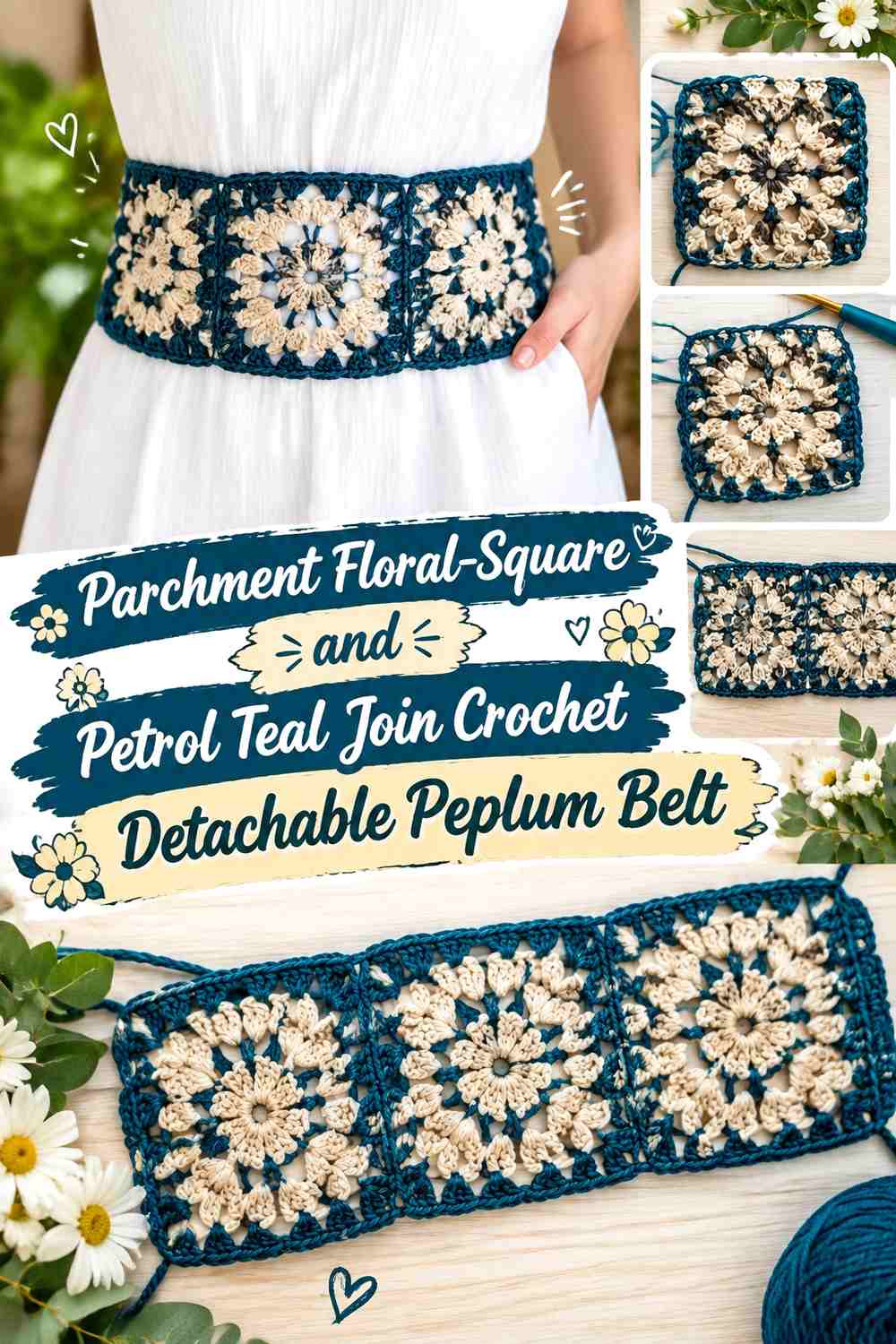 4. Parchment Floral Square And Petrol Teal Join Crochet Detachable Peplum Belt