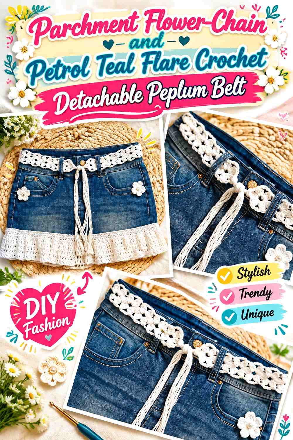 12. Parchment Flower Chain And Petrol Teal Flare Crochet Detachable Peplum Belt