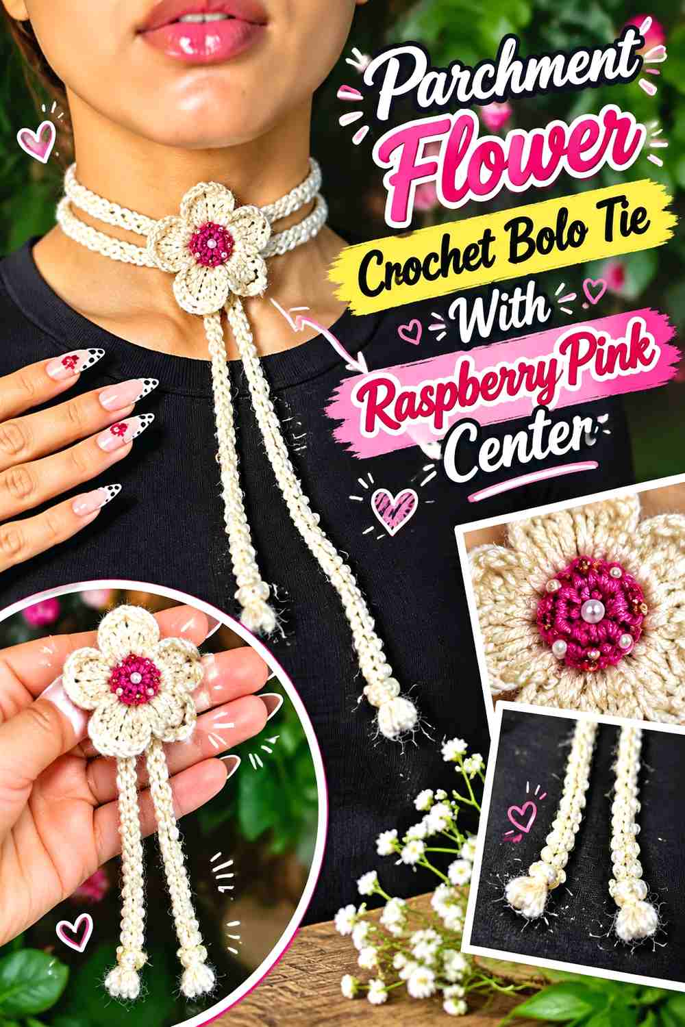2. Parchment Flower Crochet Bolo Tie With Raspberry Pink Center