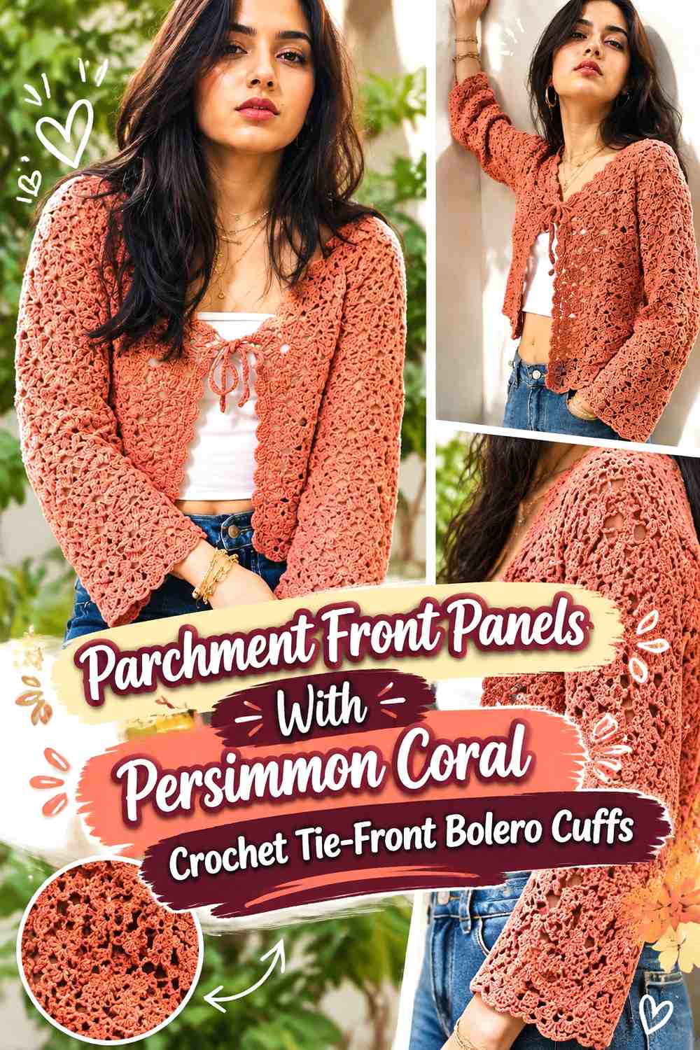 Parchment Front Panels With Persimmon Coral Crochet Tie-Front Bolero Cuffs