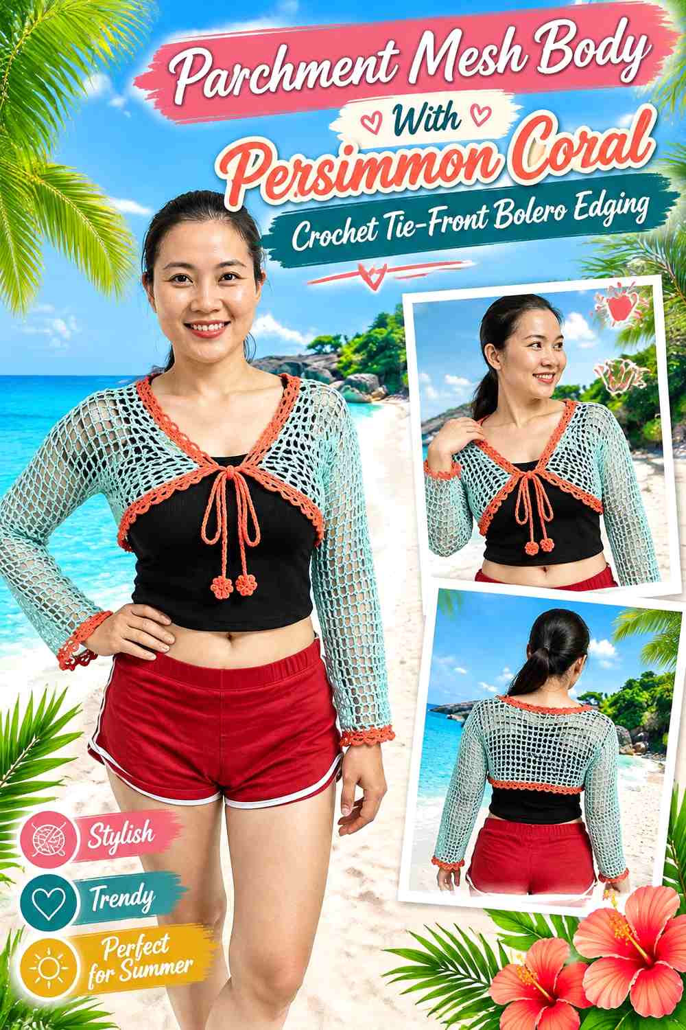 Parchment Mesh Body With Persimmon Coral Crochet Tie-Front Bolero Edging