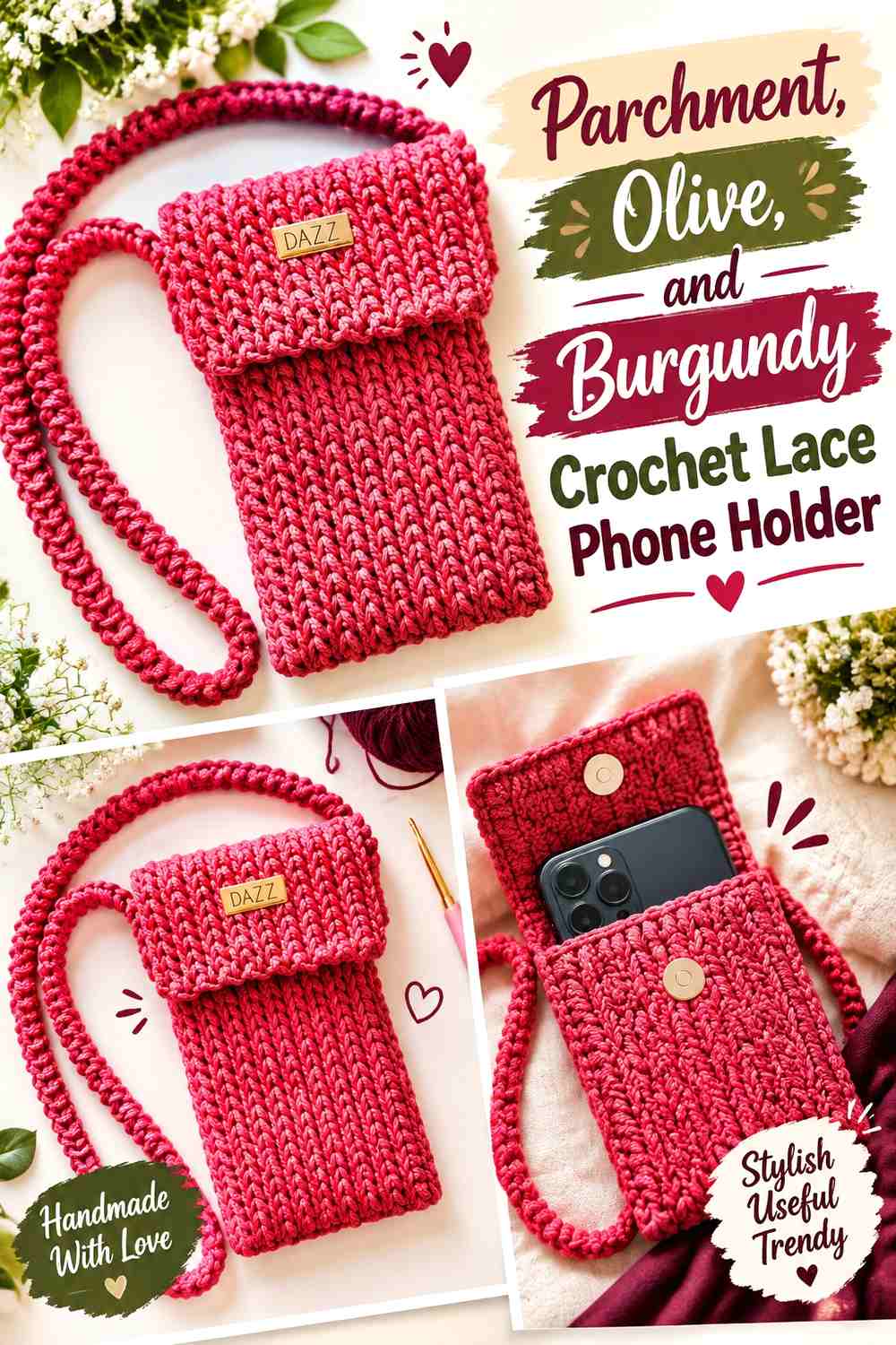 Parchment, Olive, and Burgundy Crochet Lace Phone Holder