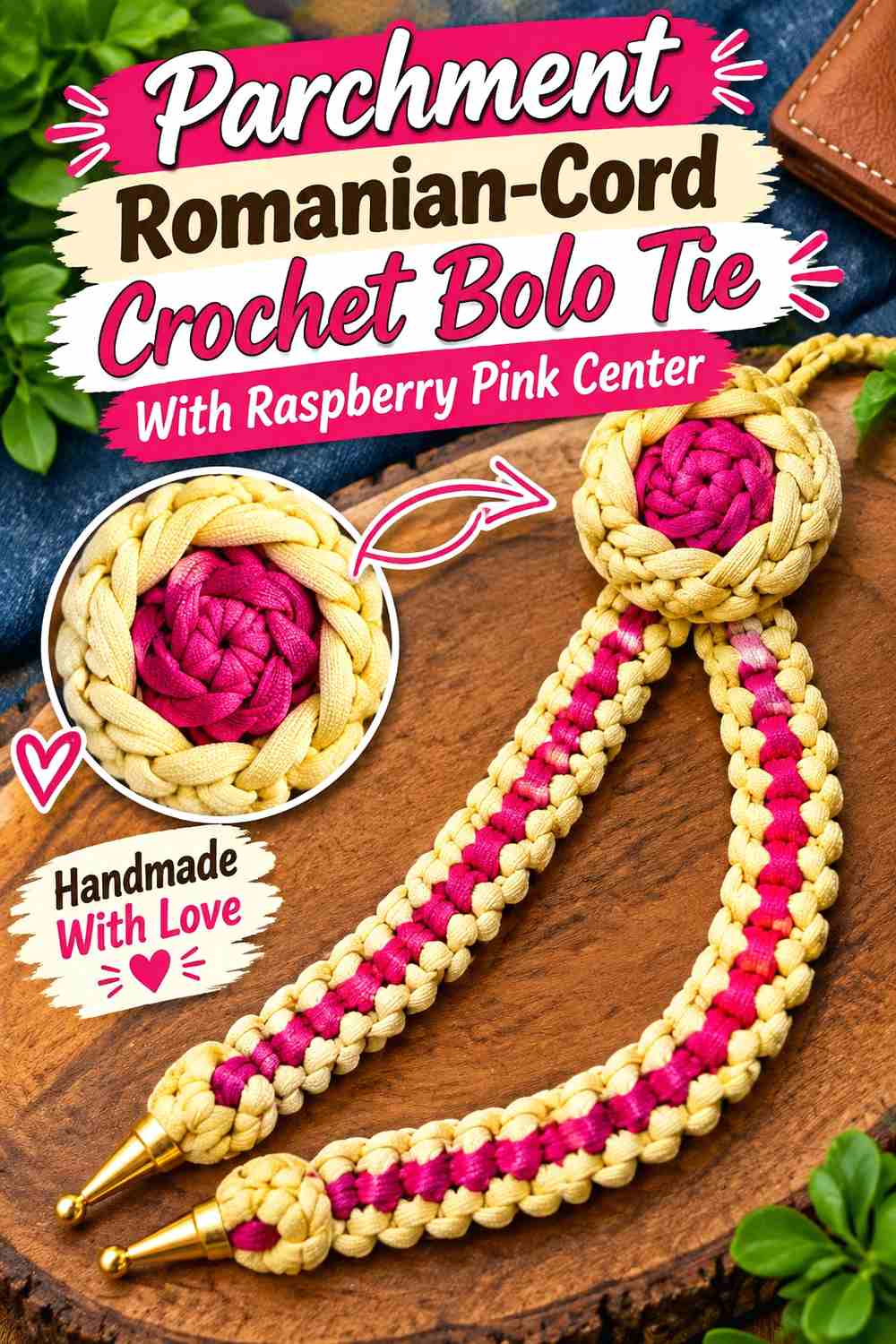 12. Parchment Romanian Cord Crochet Bolo Tie With Raspberry Pink Center