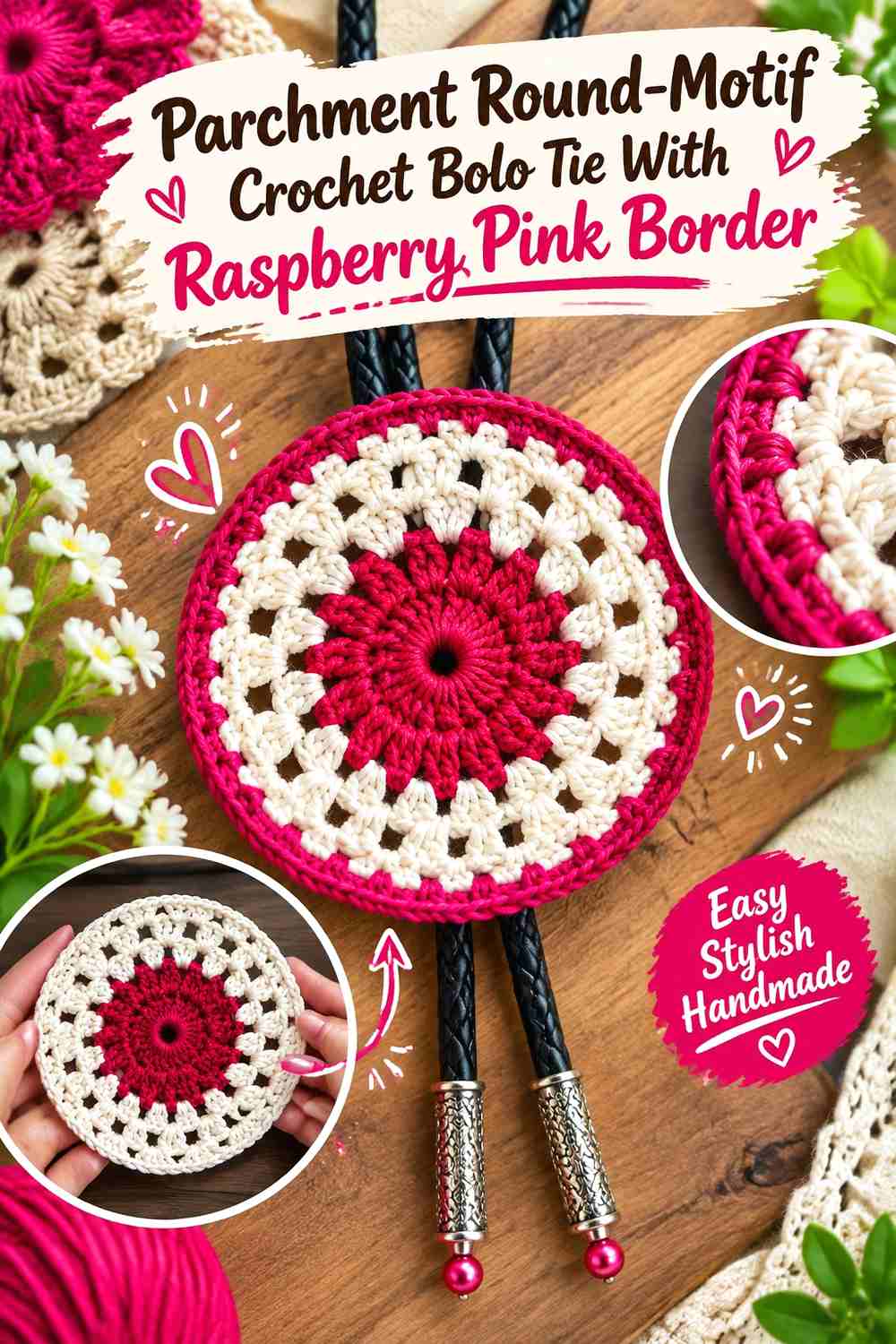 14. Parchment Round Motif Crochet Bolo Tie With Raspberry Pink Border
