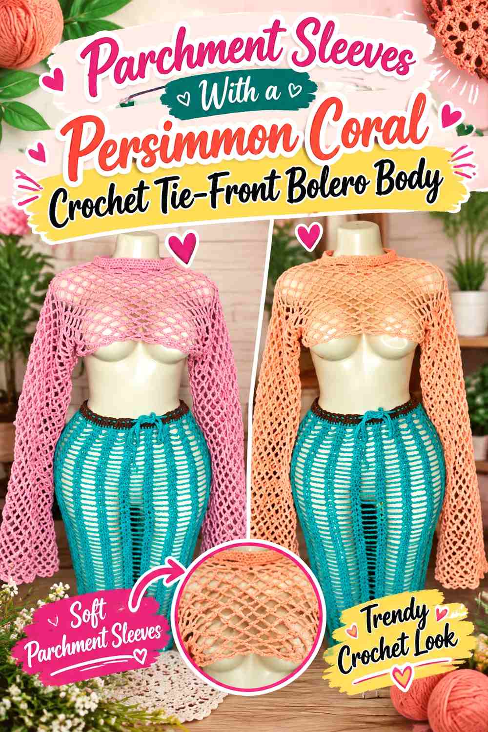 Parchment Sleeves With a Persimmon Coral Crochet Tie-Front Bolero Body