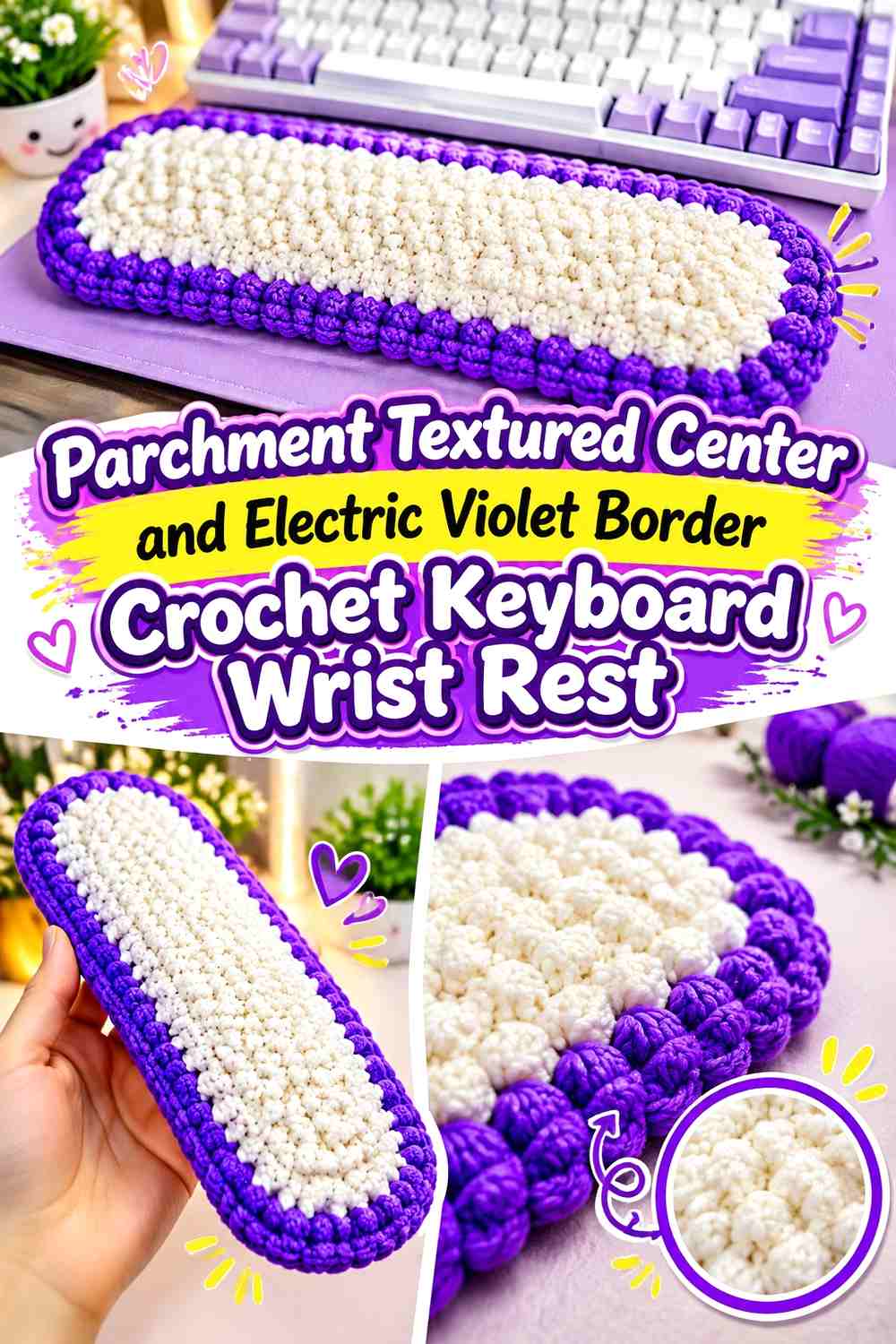 8. Parchment Textured Center And Electric Violet Border Crochet Keyboard Wrist Rest