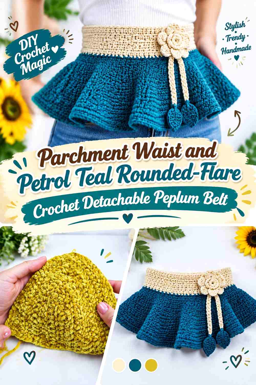 16. Parchment Waist And Petrol Teal Rounded Flare Crochet Detachable Peplum Belt