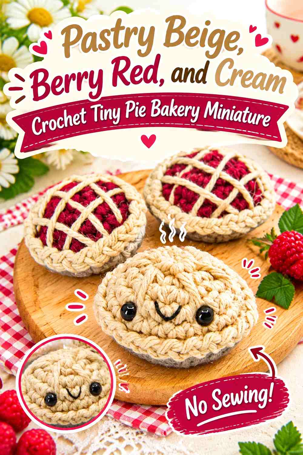 Pastry Beige, Berry Red, and Cream Crochet Tiny Pie Bakery Miniature