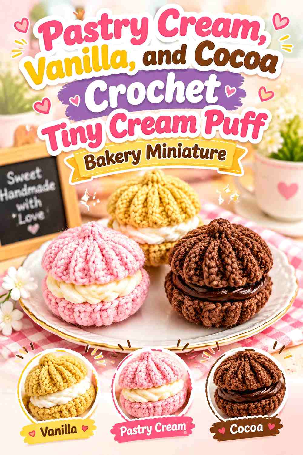 Pastry Cream, Vanilla, and Cocoa Crochet Tiny Cream Puff Bakery Miniature