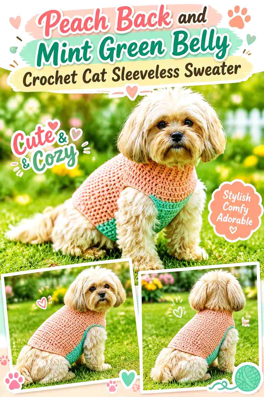 Peach Back and Mint Green Belly Crochet Cat Sleeveless Sweater