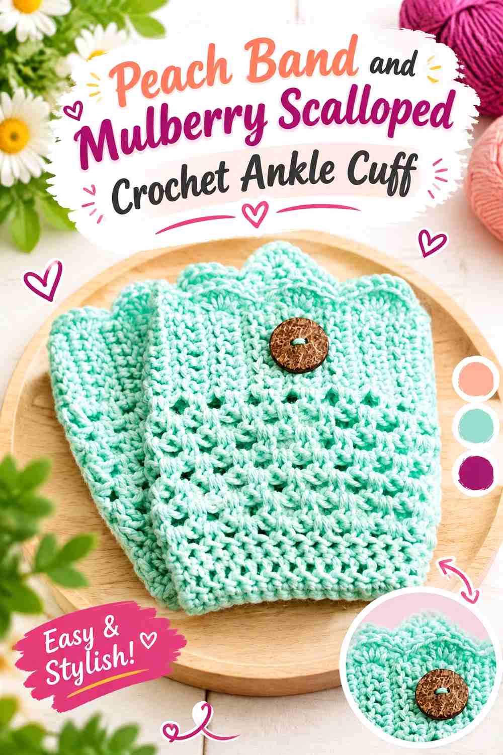 2. Peach Band And Mulberry Scalloped Crochet Ankle Cuff
