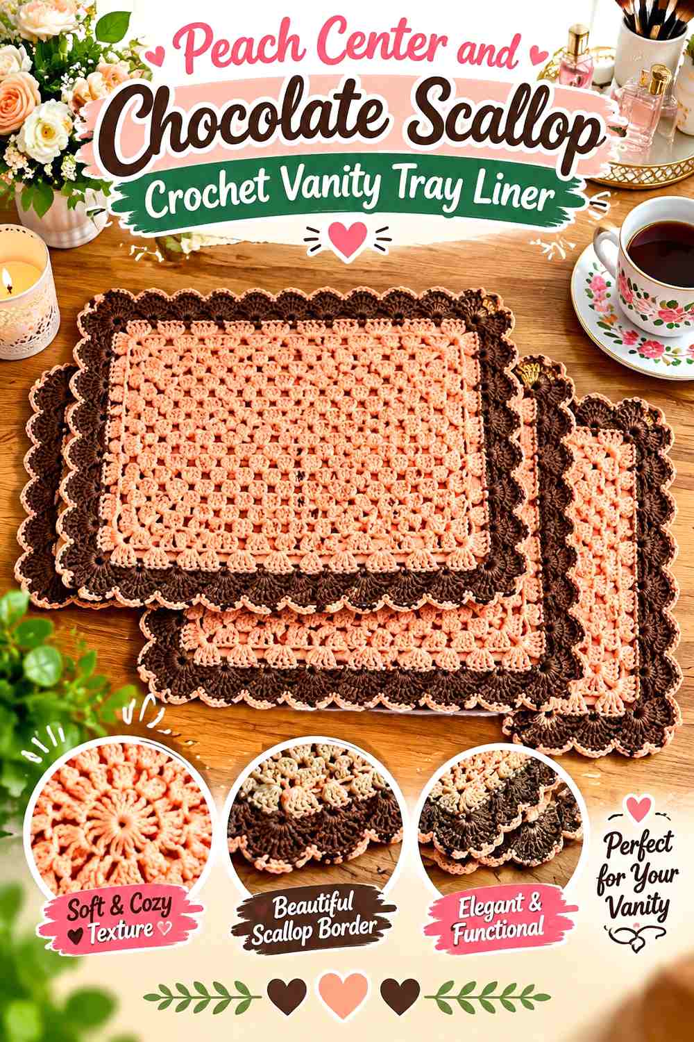 1. Peach Center And Chocolate Scallop Crochet Vanity Tray Liner