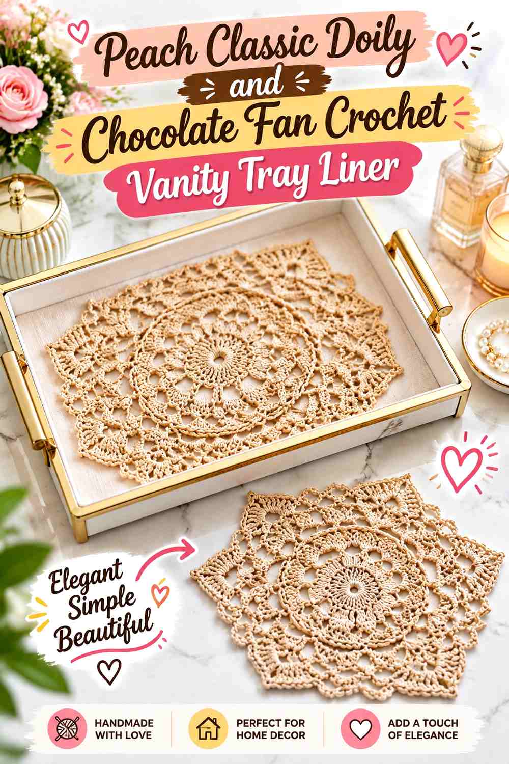 14. Peach Classic Doily And Chocolate Fan Crochet Vanity Tray Liner