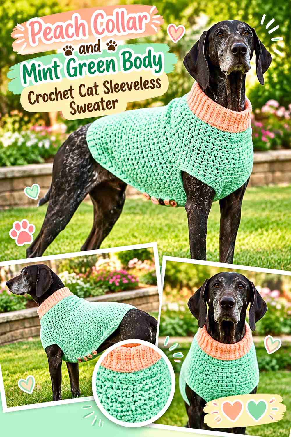 Peach Collar and Mint Green Body Crochet Cat Sleeveless Sweater