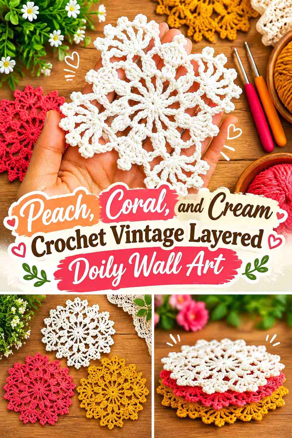 Peach, Coral, and Cream Crochet Vintage Layered Doily Wall Art