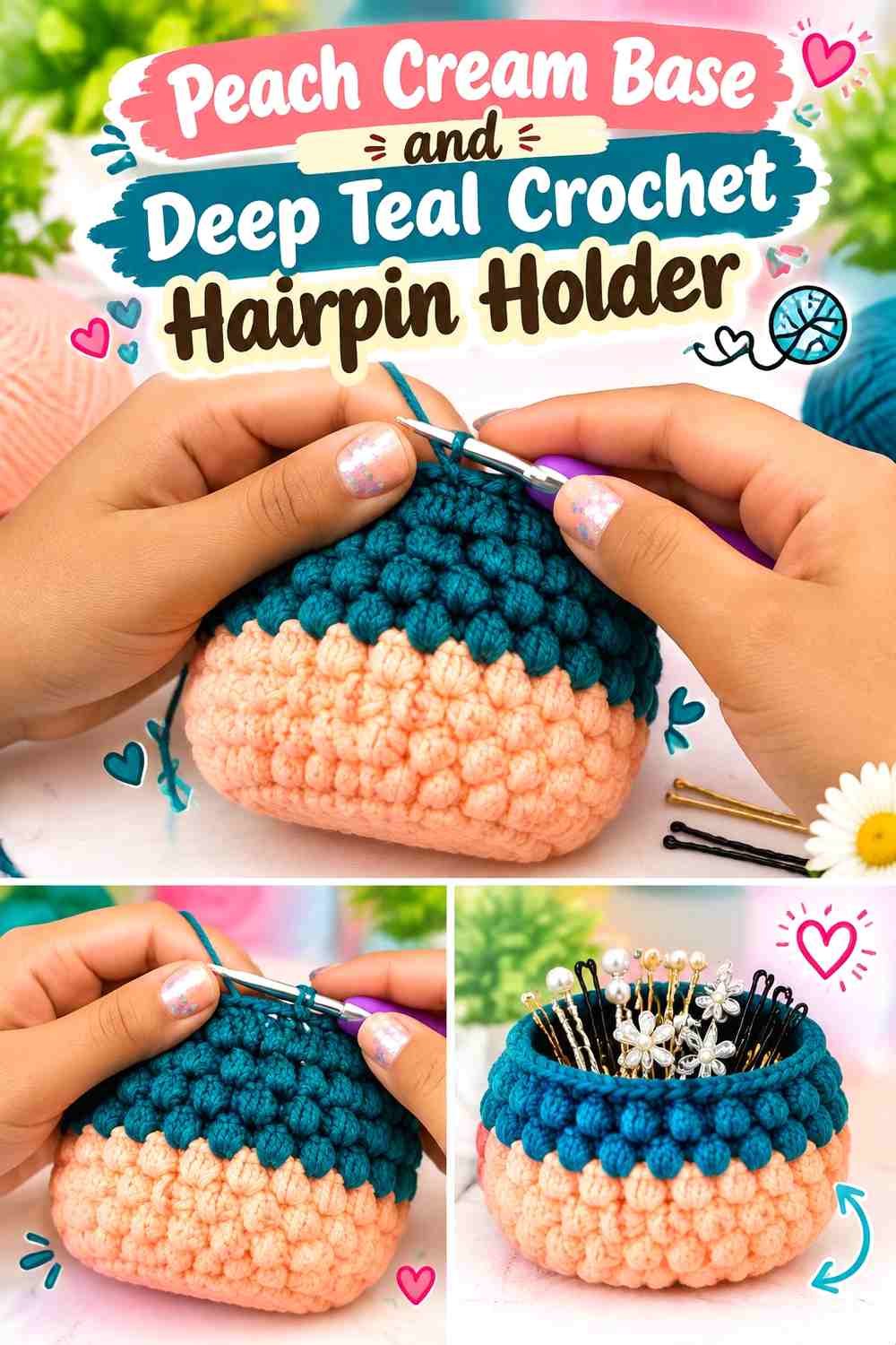 Peach Cream Base and Deep Teal Crochet Hairpin Holder