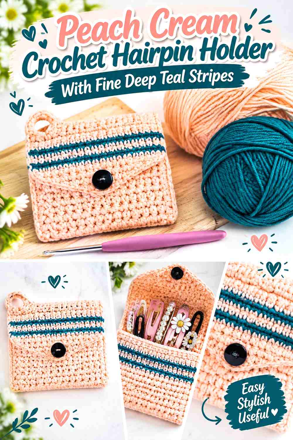 Peach Cream Crochet Hairpin Holder With Fine Deep Teal Stripes