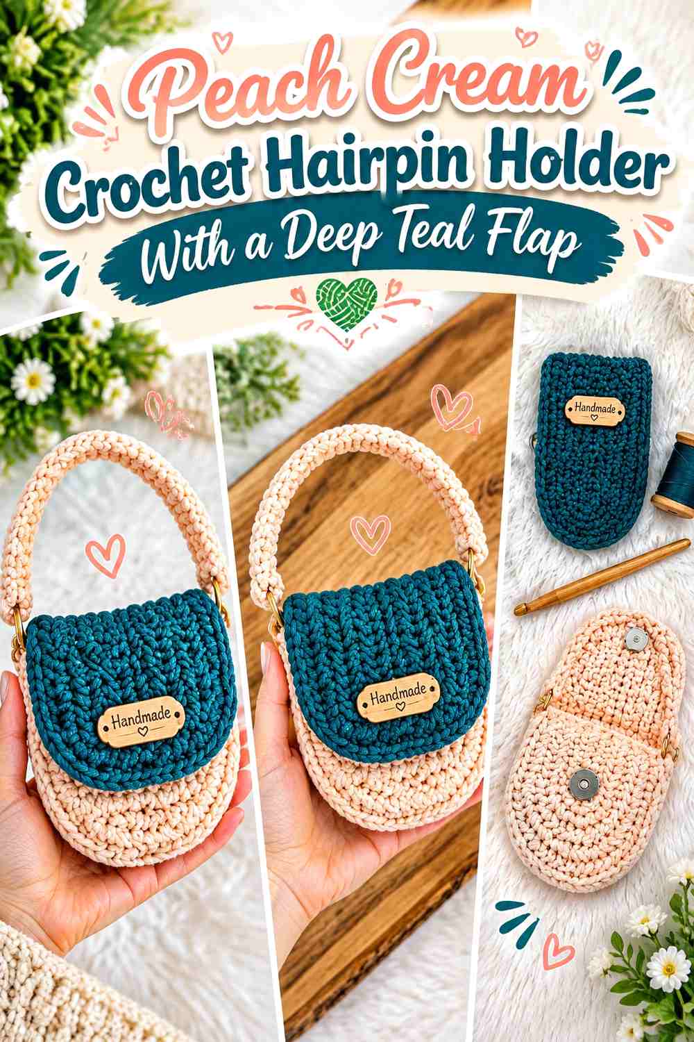 Peach Cream Crochet Hairpin Holder With a Deep Teal Flap