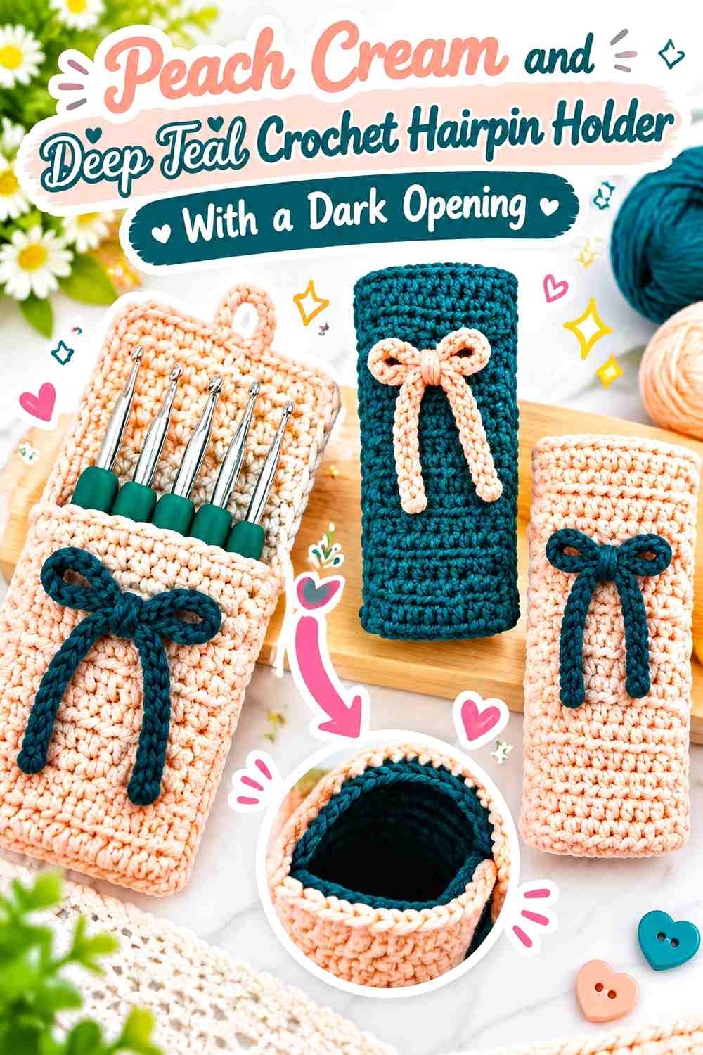 Peach Cream and Deep Teal Crochet Hairpin Holder With a Dark Opening