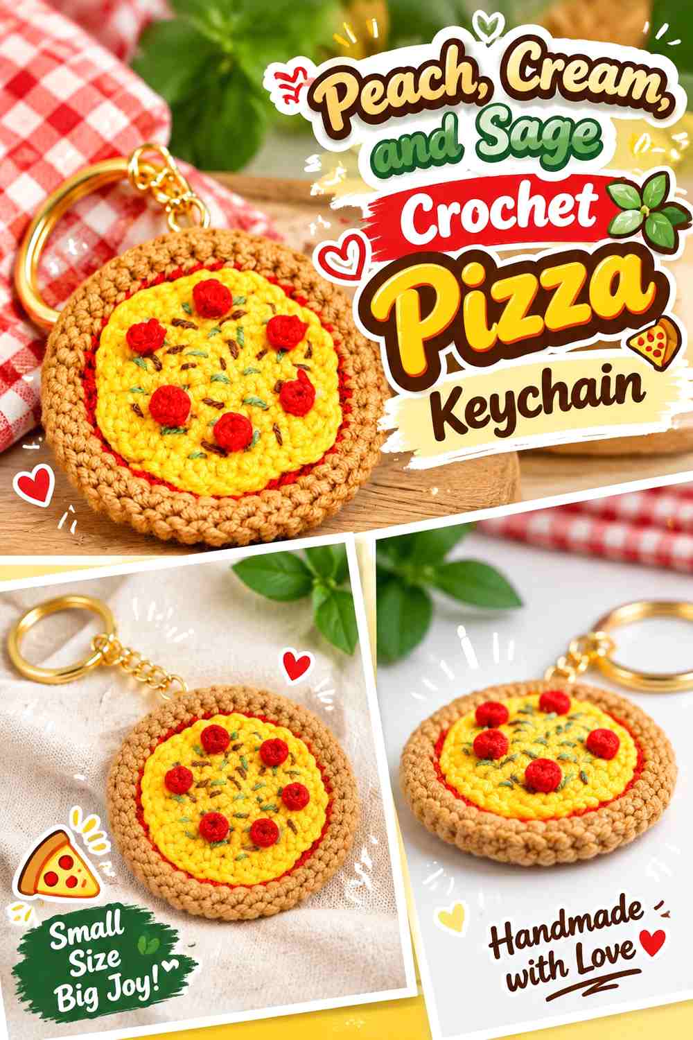 Peach, Cream, and Sage Crochet Pizza Keychain