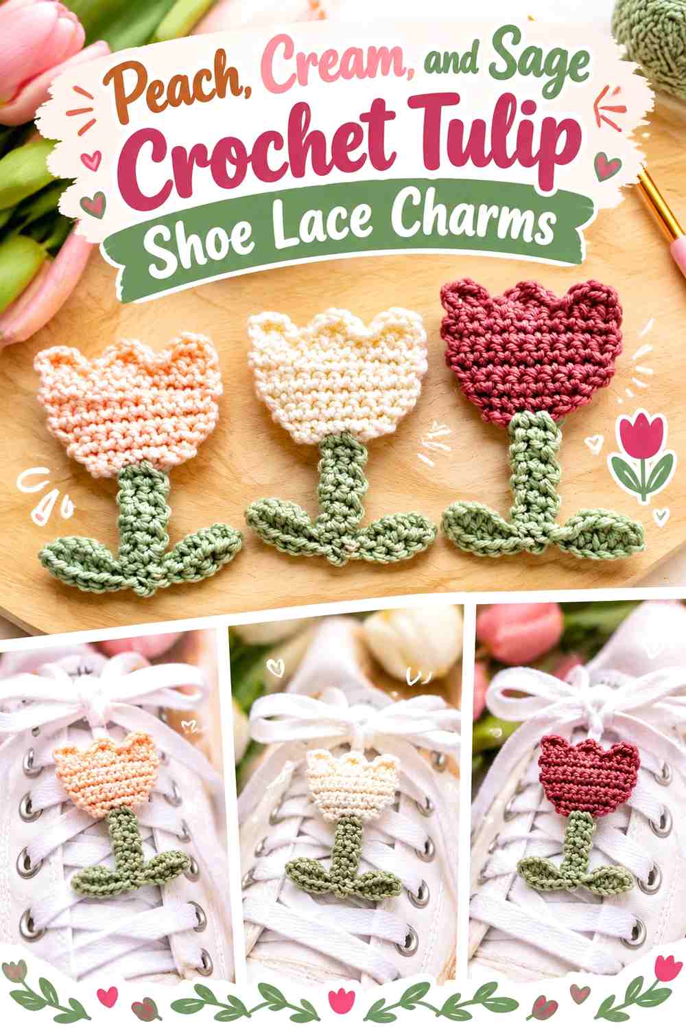 Peach, Cream, and Sage Crochet Tulip Shoe Lace Charms