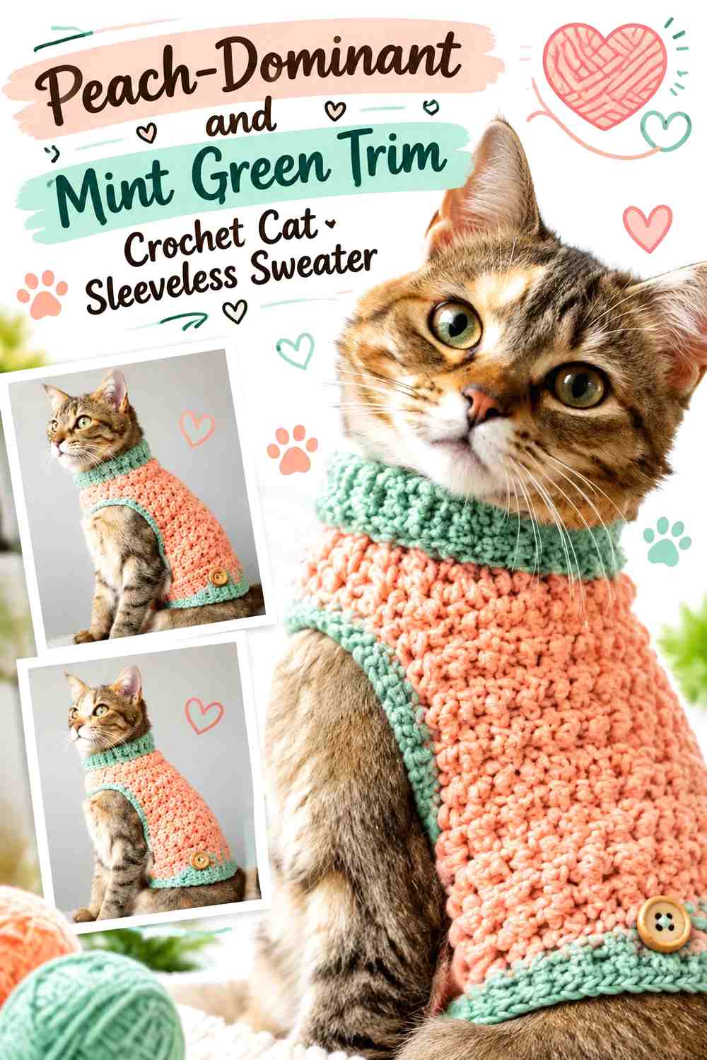 Peach-Dominant and Mint Green Trim Crochet Cat Sleeveless Sweater