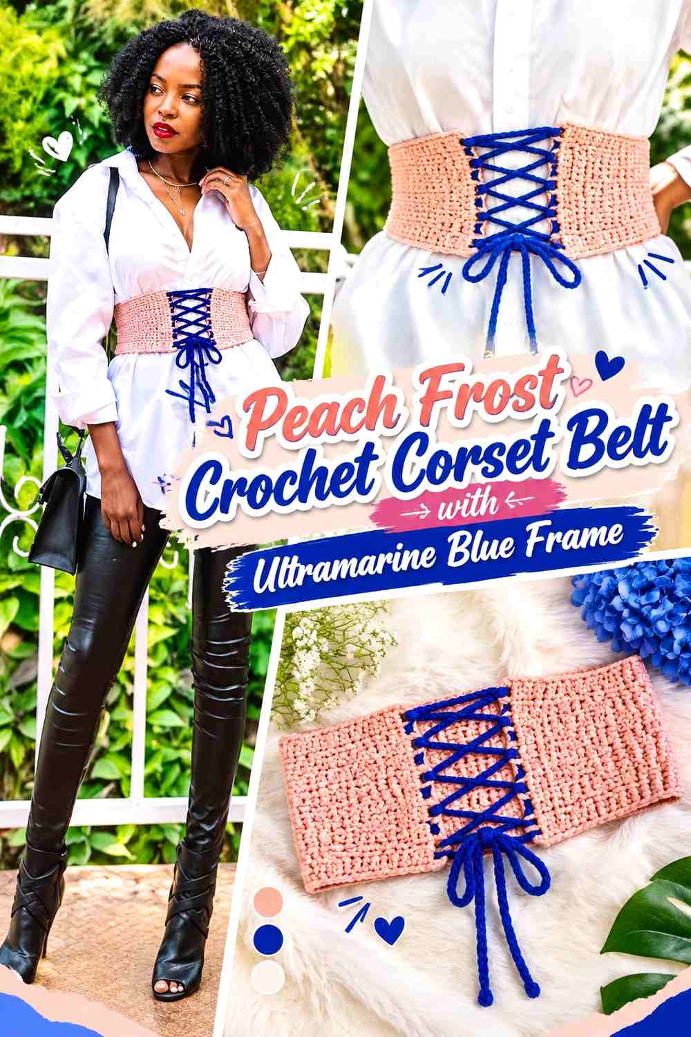 Peach Frost Crochet Corset Belt with Ultramarine Blue Frame