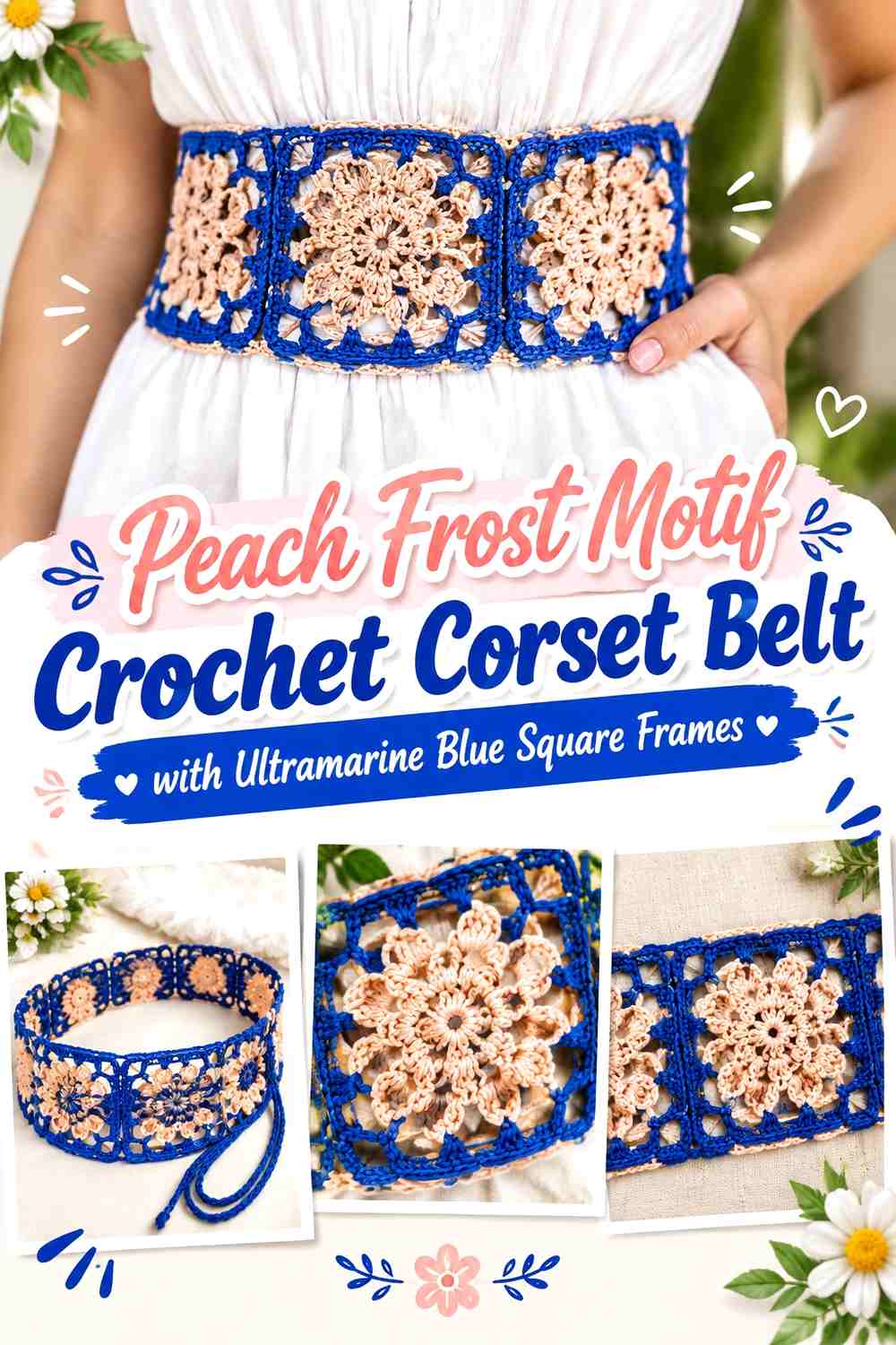 Peach Frost Motif Crochet Corset Belt with Ultramarine Blue Square Frames