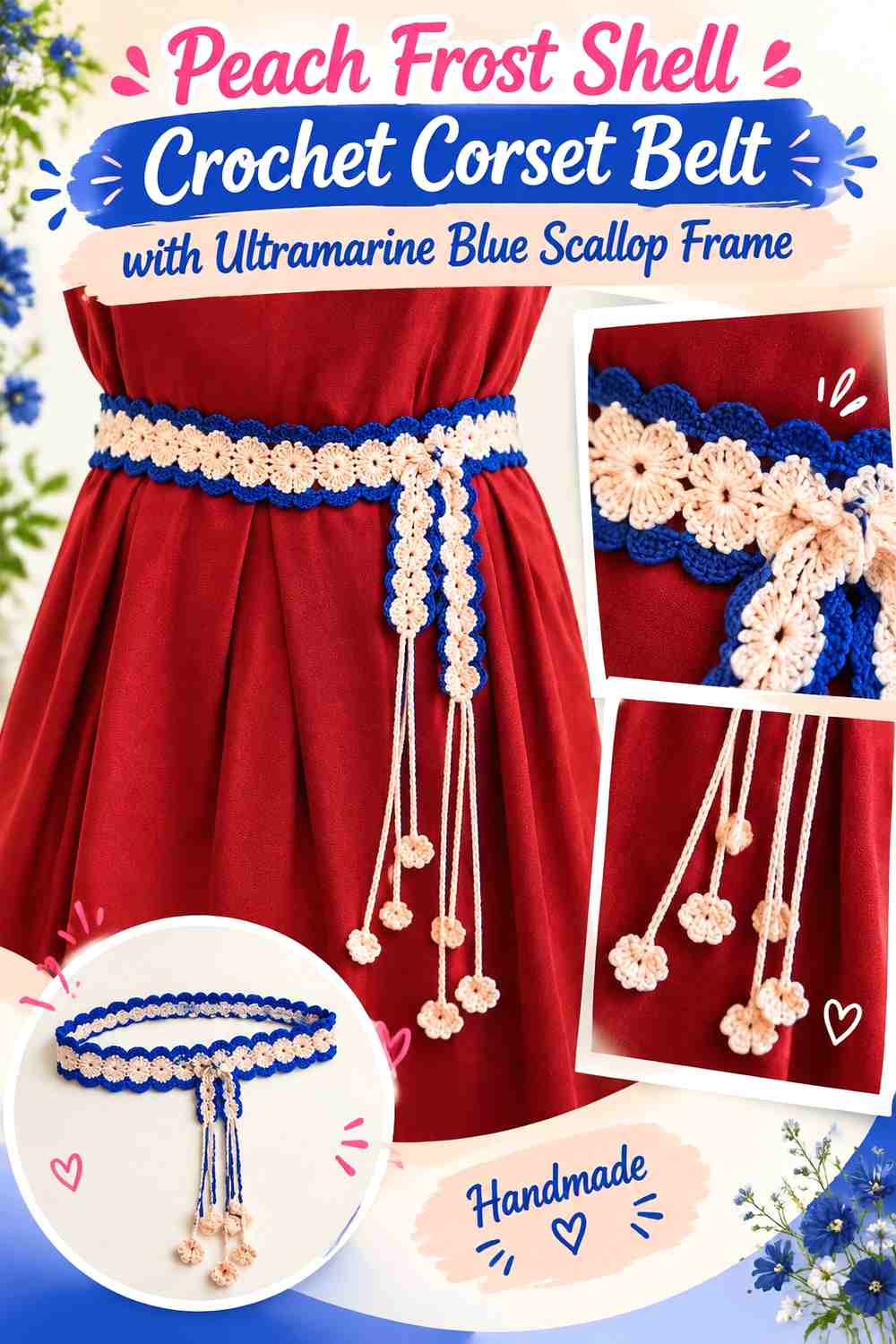 Peach Frost Shell Crochet Corset Belt with Ultramarine Blue Scallop Frame