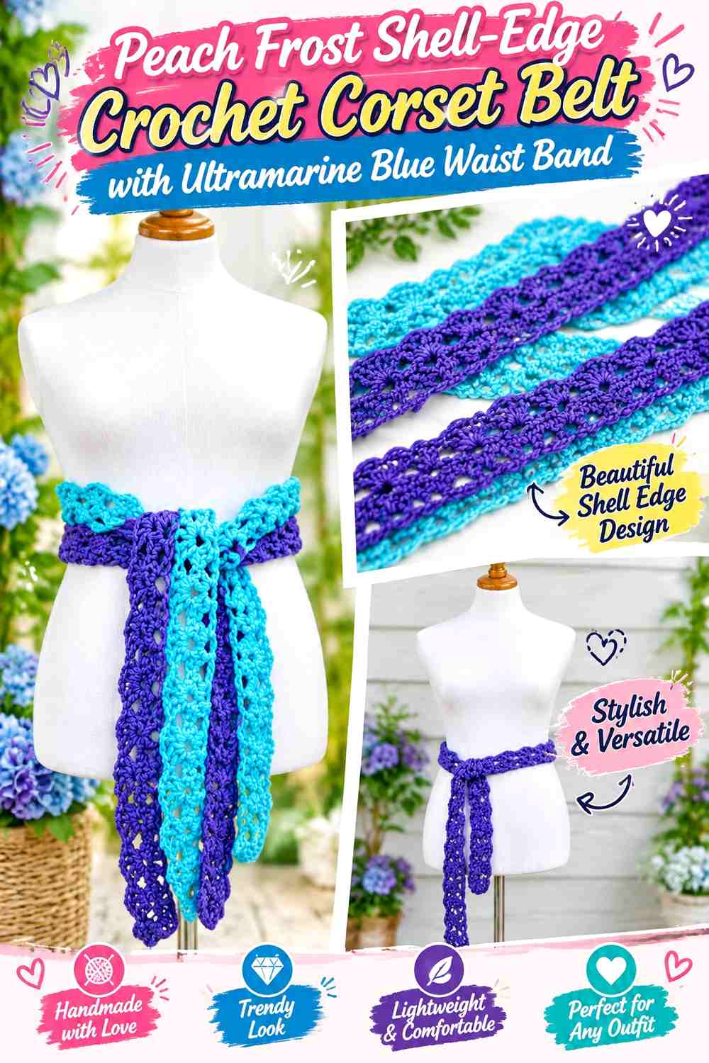 Peach Frost Shell-Edge Crochet Corset Belt with Ultramarine Blue Waist Band