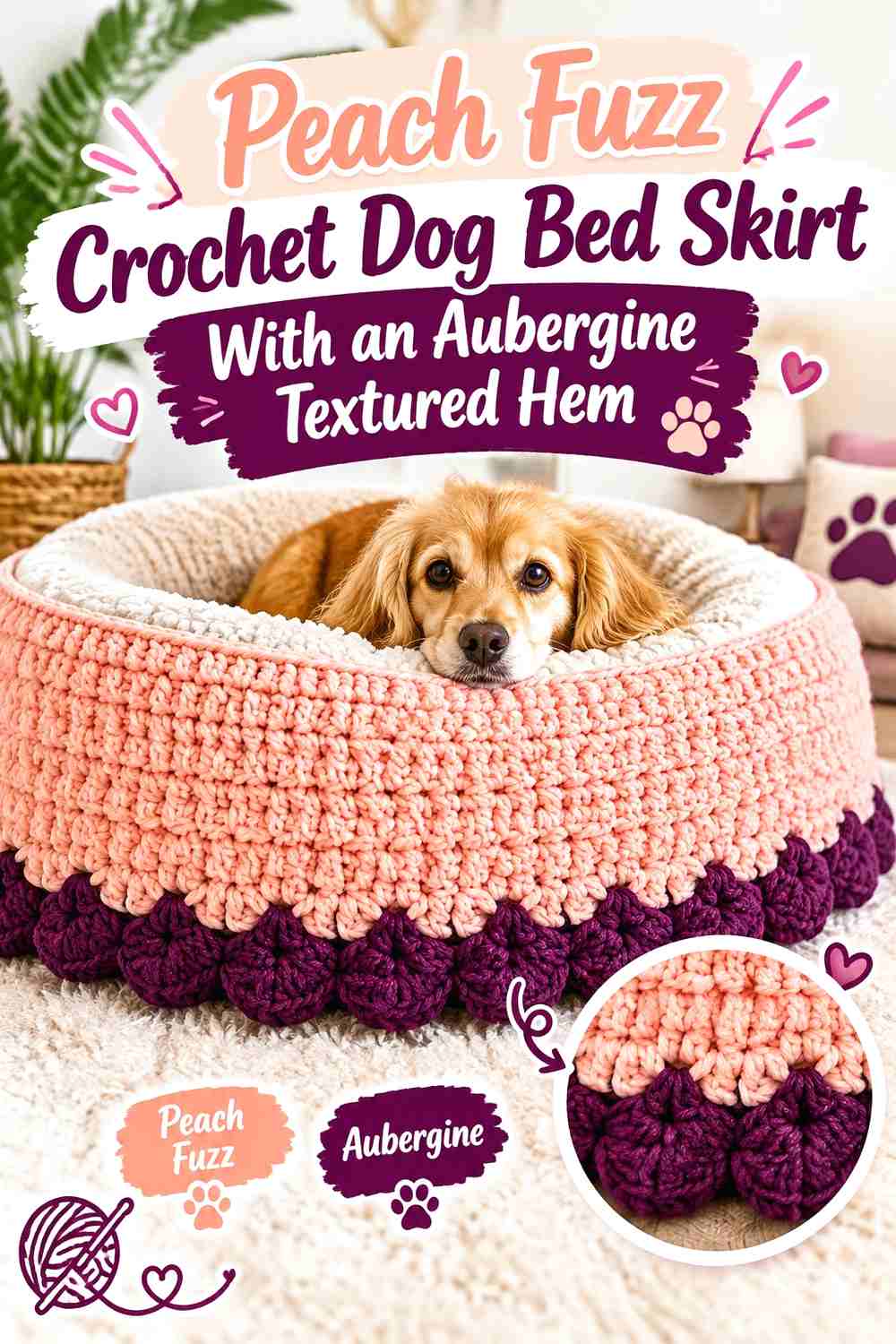 Peach Fuzz Crochet Dog Bed Skirt With an Aubergine Textured Hem