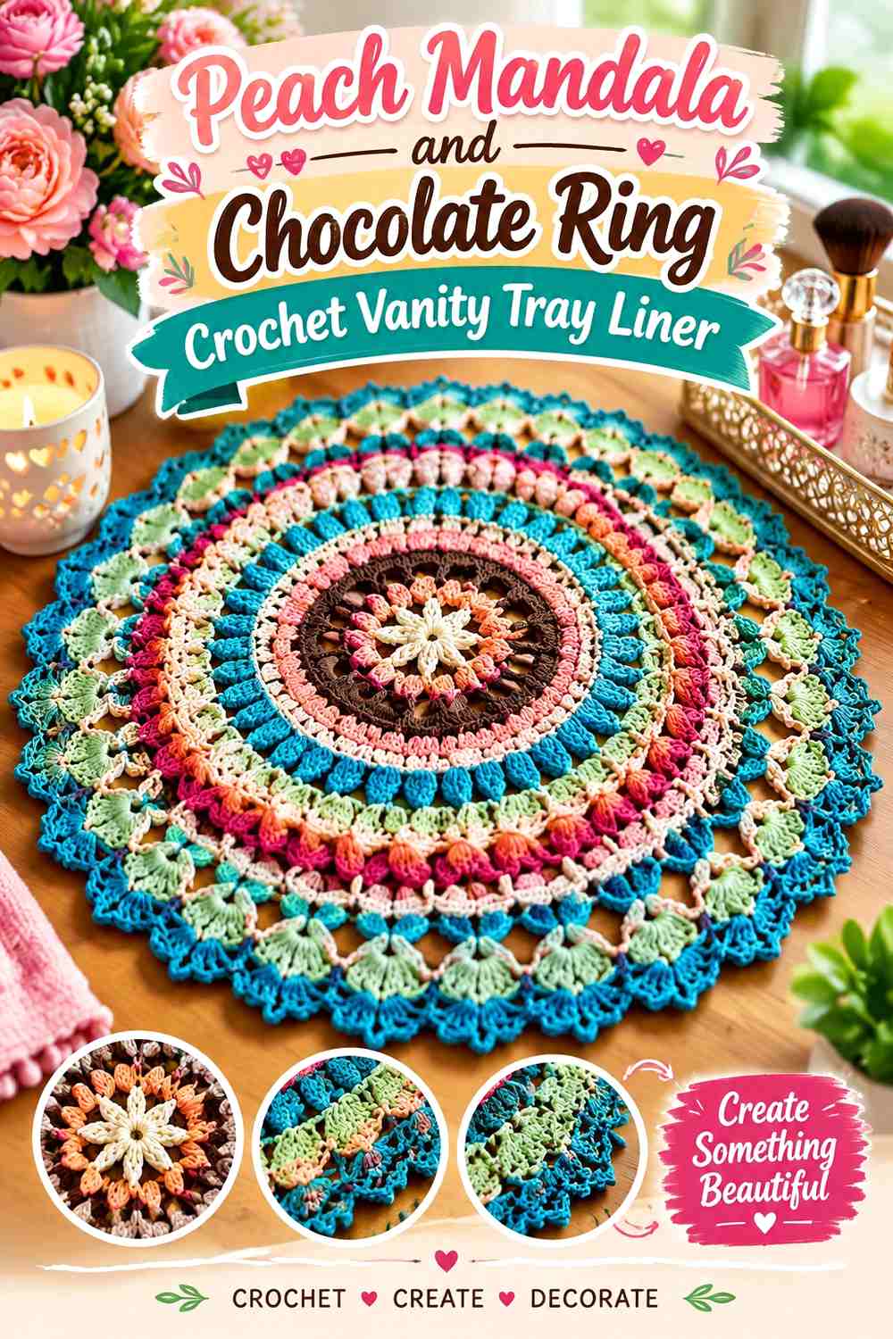 6. Peach Mandala And Chocolate Ring Crochet Vanity Tray Liner