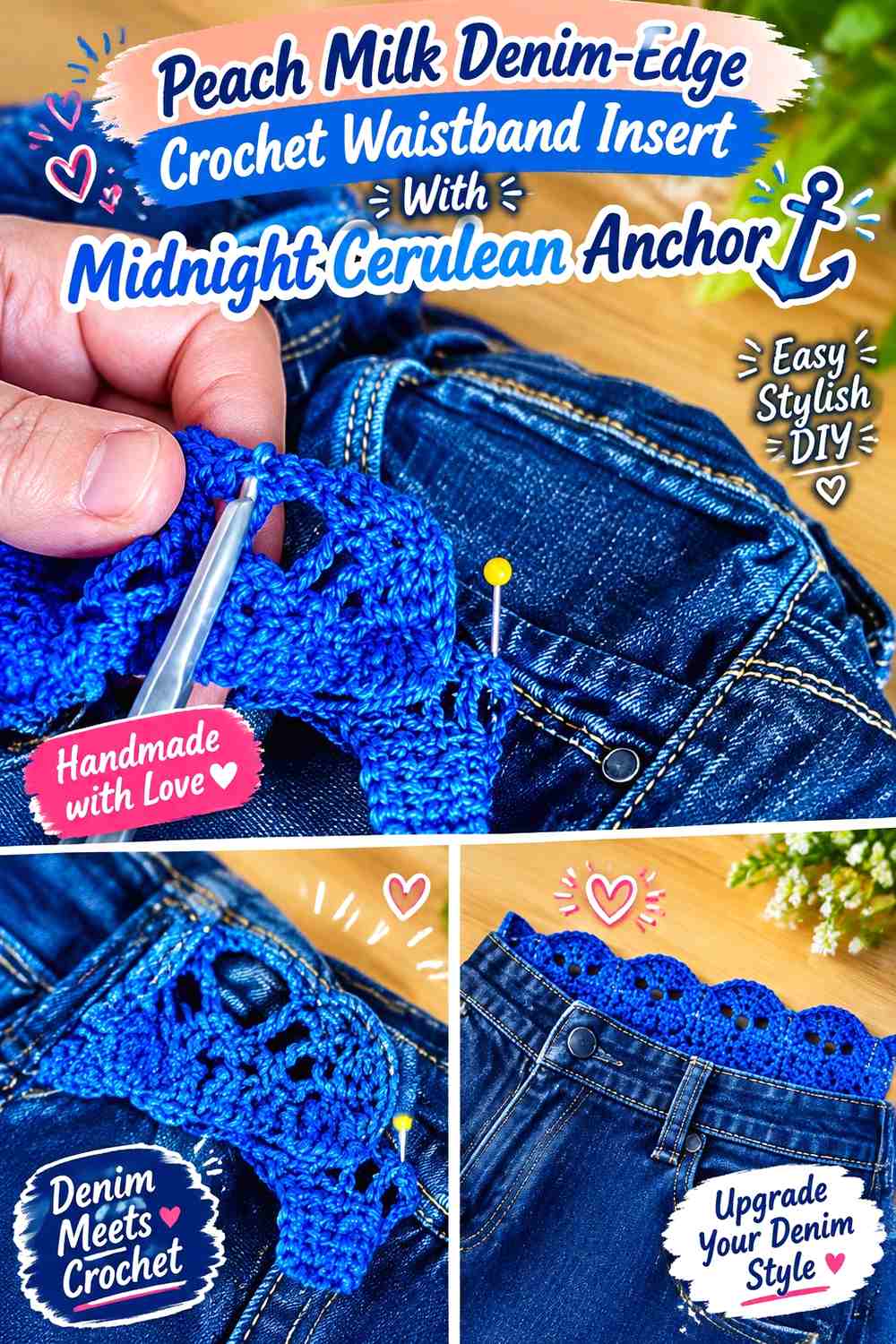 Peach Milk Denim-Edge Crochet Waistband Insert With Midnight Cerulean Anchor